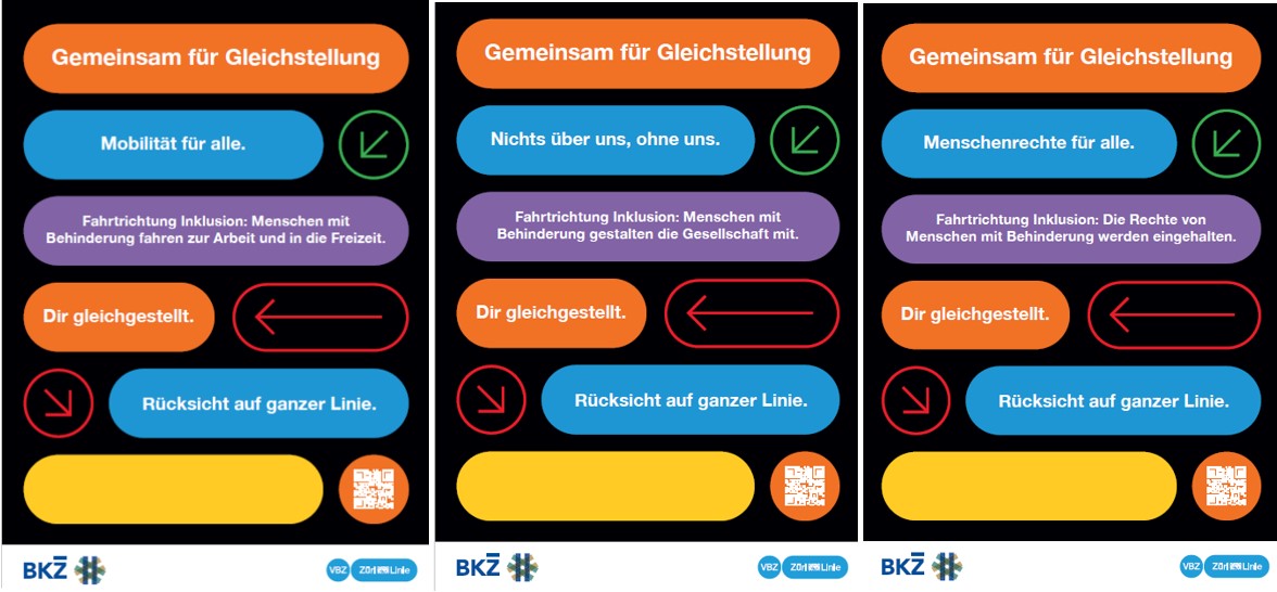 Drei Plakate im Stil von Verkehrsinformationen mit Aussagen zu Inklusion und Gleichstellung, z. B. „Mobilität für alle“, „Dir gleichgestellt“ und „Rücksicht auf ganzer Linie“. Logos von BKZ, VBZ und Züri lebt Inklusion unten.
