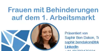 The picture shows Saphir Ben Dakon laughing.There are individual letters of the title of the input in the colour blue.