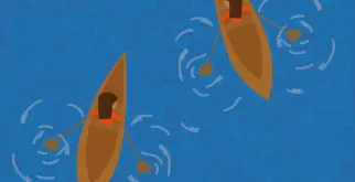 Das Bild ist gezeichnet und zeigt zwei Kanus im Wasser, in denen zwei Frauen sitzen. Sie sollen die Protagonistinnen im Interview darstellen. Das Wasser ist dunkelblau und man sieht Bewegung. Die Frauen in den braunen Kanus haben lange braune Haare.